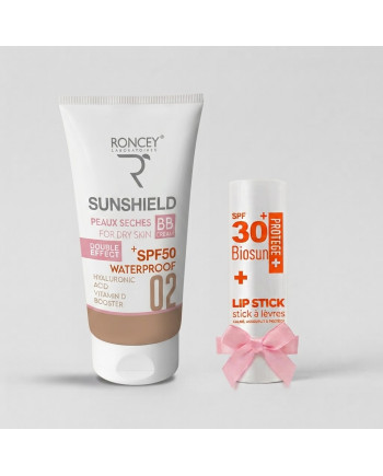 ECRAN SOLAIRE PEAU SECHE TEINTE 02 RONCEY SUNSHIELD SPF50 50ML+BAUME A LEVRES SPF30