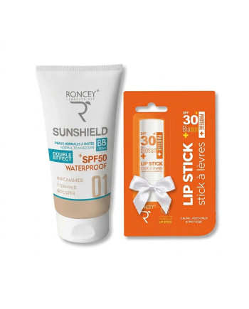ECRAN SOLAIRE PEAUX NORMALES A MIXTES TEINTE 01 RONCEY SUNSHIELD SPF50 50ML+BAUME A LEVRES SPF30