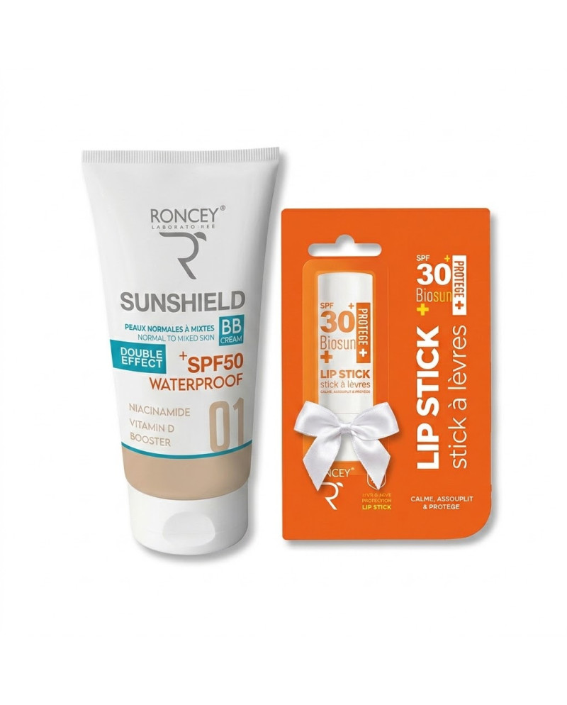 ECRAN SOLAIRE PEAUX NORMALES A MIXTES TEINTE 01 RONCEY SUNSHIELD SPF50 50ML+BAUME A LEVRES SPF30
