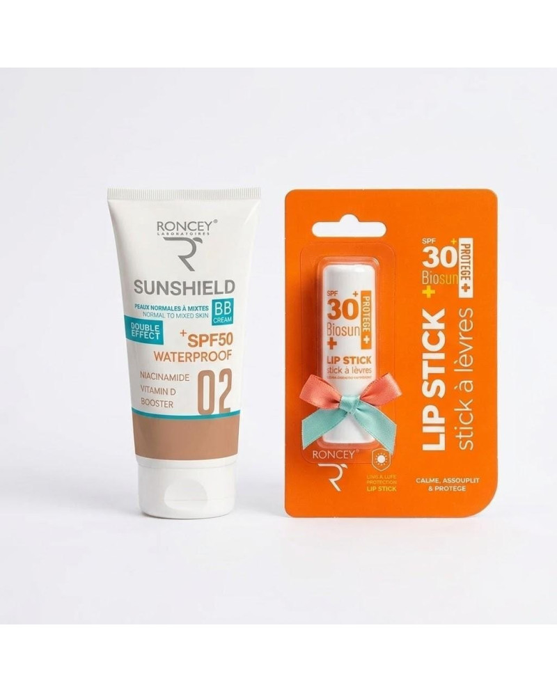 ECRAN SOLAIRE PEAUX NORMALES A MIXTES TEINTE 02 RONCEY SUNSHIELD SPF50 50ML+BAUME A LEVRES SPF30