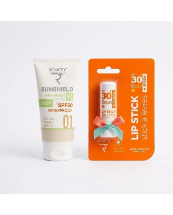 ECRAN SOLAIRE PEAUX GRASSES TEINTE 01 RONCEY SUNSHIELD SPF50 50ML+BAUME A LEVRES SPF30