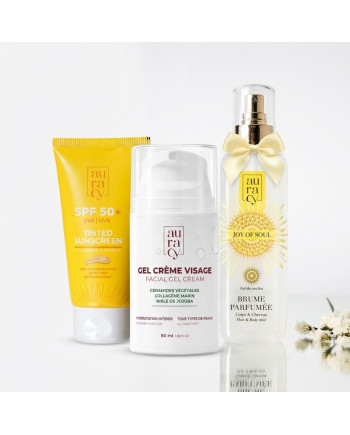 PACK AURACY ECRAN SOLAIRE+GEL CREME HYDRATANTE+ BRUME CHEVEUX ET CORPS GRATUIT