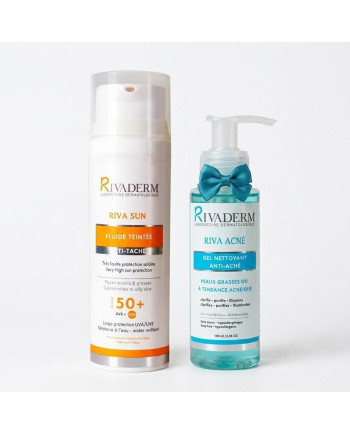 ECRAN SOLAIRE FLUIDE TEINTE ANTI TACHE RIVADERM RIVA SUN SPF 50+ 50ML+MINI DOSE GEL NETTOYANT ANTI-ACNE